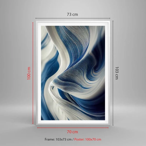 Poster in einem weißen Rahmen - Fließfähigkeit von Blau und Weiß - 70x100 cm