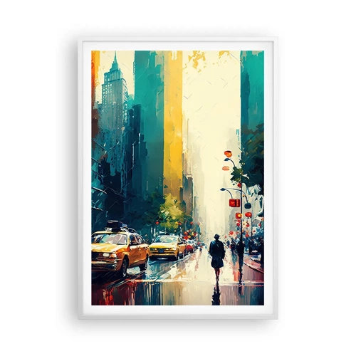 Poster in einem weißen Rahmen - New York – selbst der Regen ist hier bunt - 70x100 cm