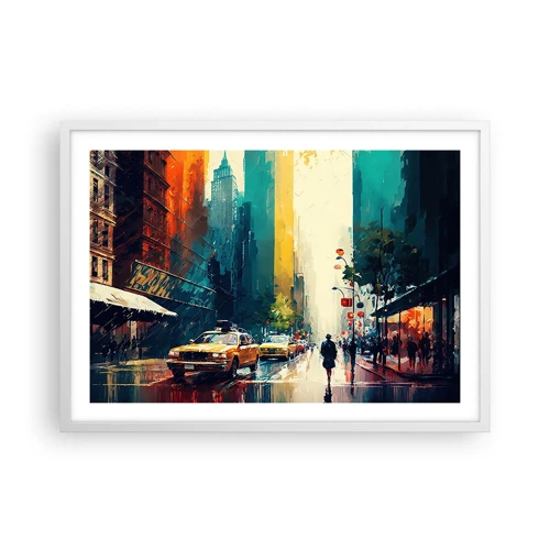 Poster in einem weißen Rahmen - New York – selbst der Regen ist hier bunt - 70x50 cm