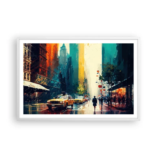 Poster in einem weißen Rahmen - New York – selbst der Regen ist hier bunt - 91x61 cm