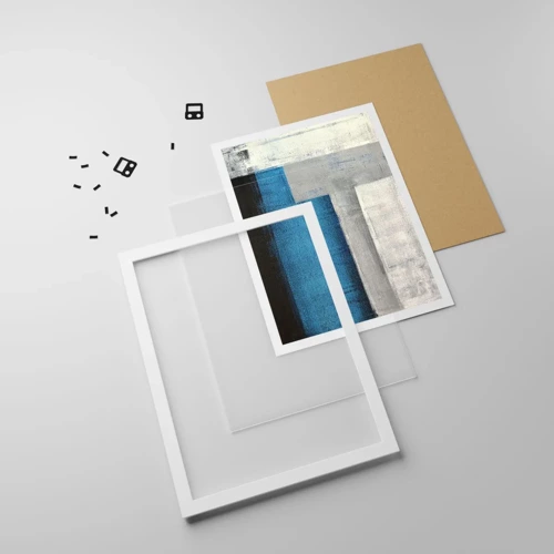 Poster in einem weißen Rahmen - Poetische Komposition aus Grau und Blau - 50x70 cm