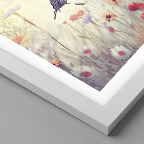 Poster in einem weißen Rahmen - Vogelporträt mit einer Wiese im Hintergrund - 30x40 cm
