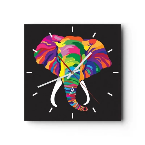 Wanduhr - Glasuhr - Der Elefant, der es liebte, im Regenbogen zu baden - 30x30 cm