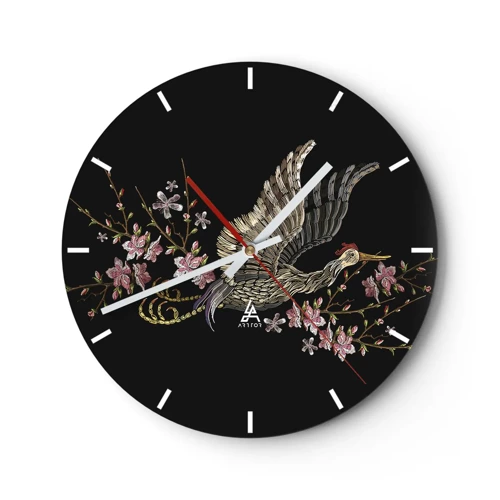 Wanduhr - Glasuhr - Exotischer gestickter Vogel - 30x30 cm