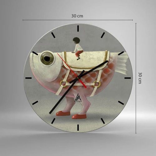 Wanduhr - Glasuhr - Reiter auf einem surrealen Fisch - 30x30 cm