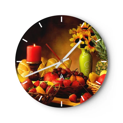 Wanduhr - Glasuhr - Stillleben mit Brot und Obst - 30x30 cm