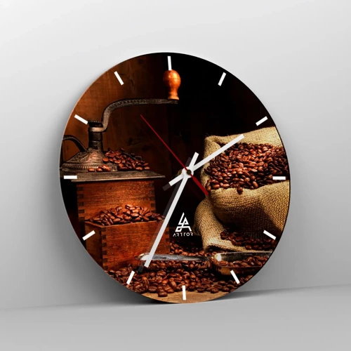 Wanduhr - Glasuhr - Stillleben mit Kaffeebohnen und einer Mühle - 30x30 cm