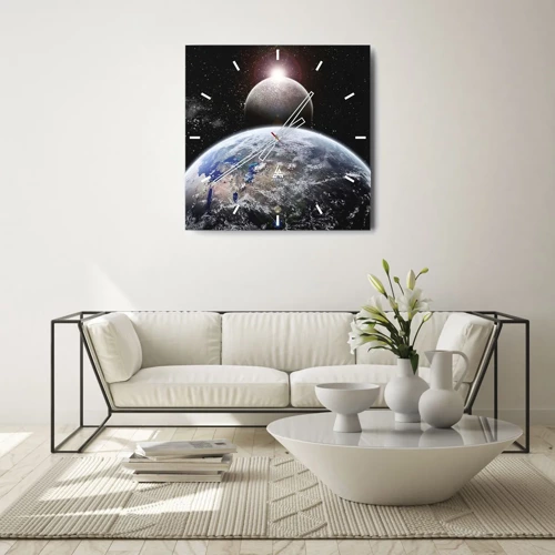 Wanduhr - Glasuhr - Weltraumlandschaft - Sonnenaufgang - 30x30 cm