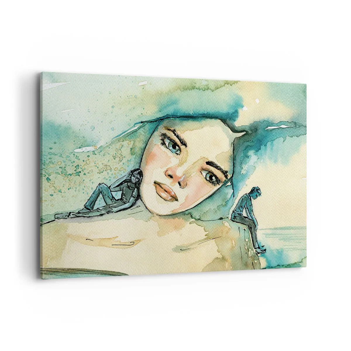 Bild auf Leinwand - Leinwandbild - Aquarell eines Frauengesichts mit reflektierendem Motiv - 100x70cm - Bin ich blau? - Moderne Wanddekoration für Wohnzimmer und Schlafzimmer ARTTOR