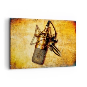 Bild auf Leinwand - Leinwandbild - Ein goldenes Studiomikrofon vor einem Vintage-Hintergrund in warmen Tönen. - 100x70cm - Die goldenen Jahre des Radios - Moderne Wanddekoration für Wohnzimmer und Schlafzimmer ARTTOR