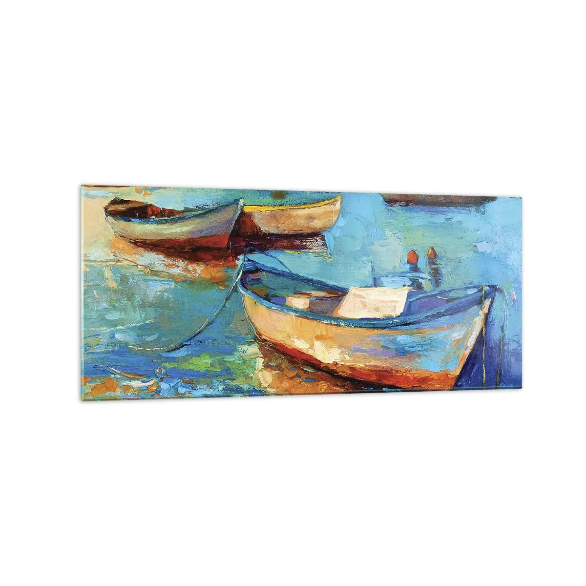 Glasbild - Bild auf glas - Bunte Boote vertäut auf ruhigem Wasser - 120x50cm - In der südlichen Bucht - Moderne Wanddekoration für Wohnzimmer und Schlafzimmer ARTTOR