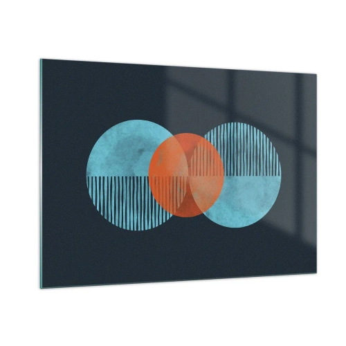 Glasbild - Bild auf glas - Farbige Kreise mit vertikalen Linien auf dunklem Hintergrund - 100x70cm - Symmetrische Komposition - Moderne Wanddekoration für Wohnzimmer und Schlafzimmer ARTTOR