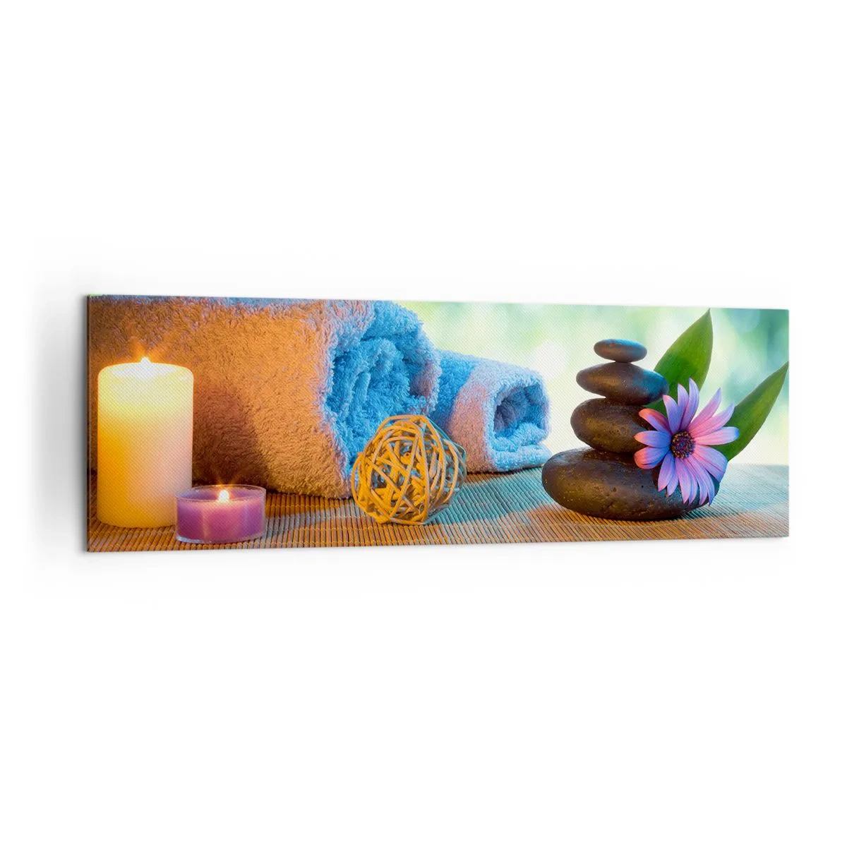 Bild auf Leinwand - Leinwandbild - Entspannendes SPA-Set mit Handtüchern, Kerzen und Steinen - 160x50cm - Zeit für den Körper - Moderne Wanddekoration für Wohnzimmer und Schlafzimmer ARTTOR