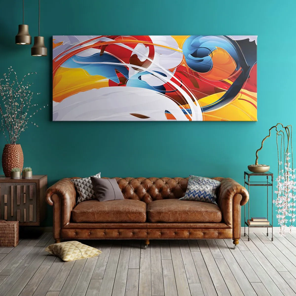 Bild auf Leinwand - Leinwandbild - Bunte Abstraktion mit dynamischen Linien und lebendigen Farben - 120x50cm - Der Tanz der Elemente - Moderne Wanddekoration für Wohnzimmer und Schlafzimmer ARTTOR