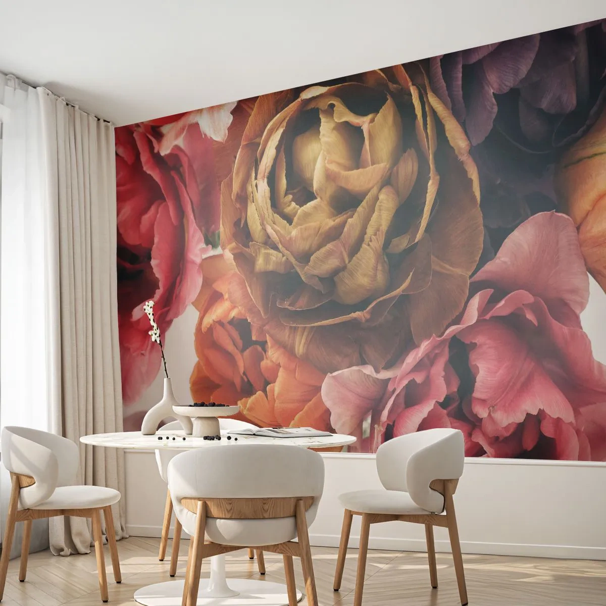 Fototapete Premium Sand - Eine Feier des Lebens - Blumenstrauß, Blumen, Pfingstrose - 400x280 cm