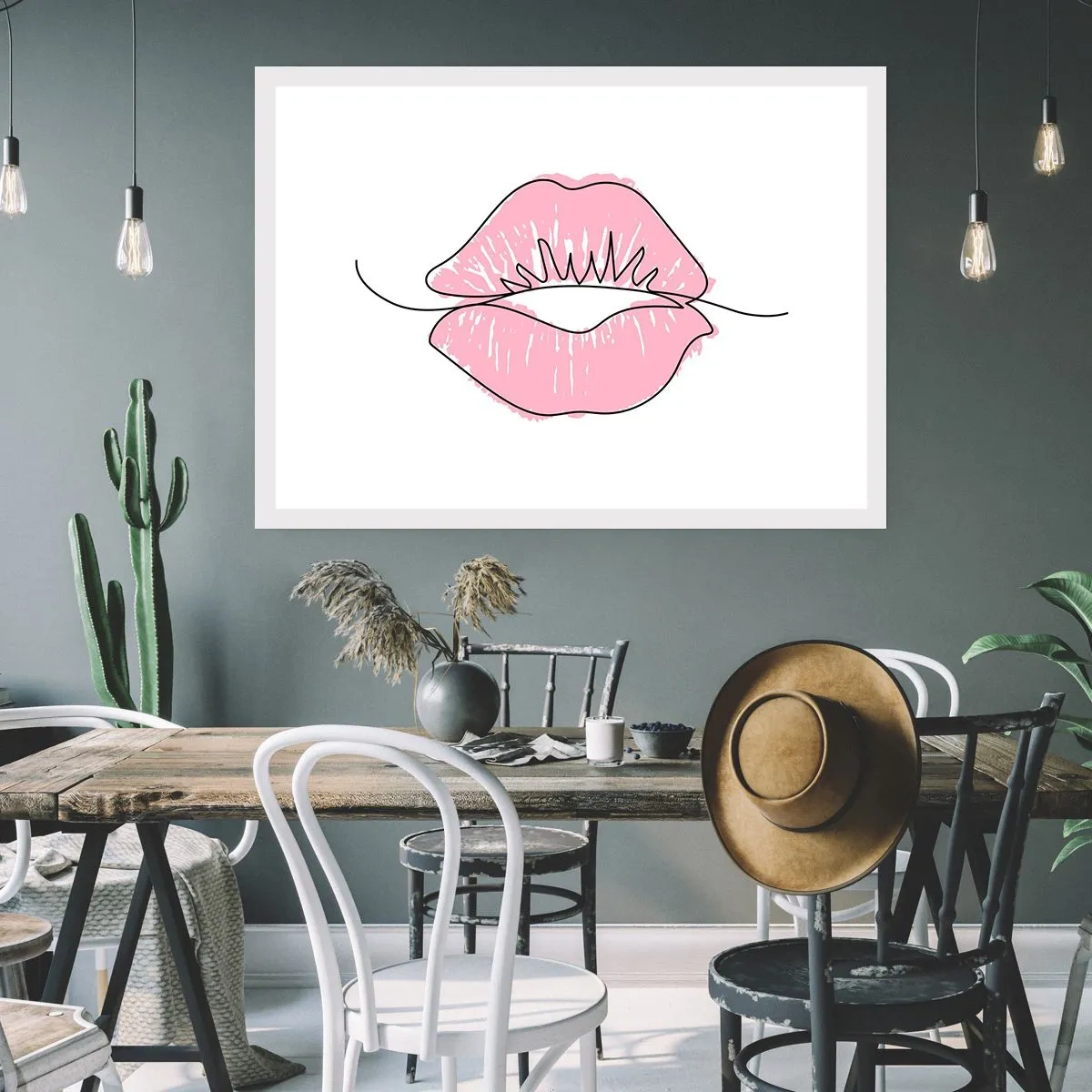 Poster - Minimalistische Lippenzeichnung in einem Rosaton - 100x70cm - Bereit zum Küssen? - Moderne Wanddekoration für Wohnzimmer und Schlafzimmer ARTTOR