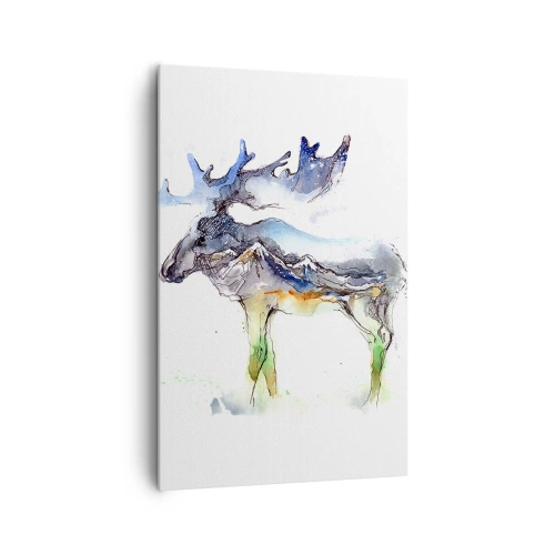 Bild auf Leinwand - Leinwandbild - Aquarell-Silhouette eines Elches mit Berglandschaft - 80x120cm - Der Held eines Wintermärchens - Moderne Wanddekoration für Wohnzimmer und Schlafzimmer ARTTOR