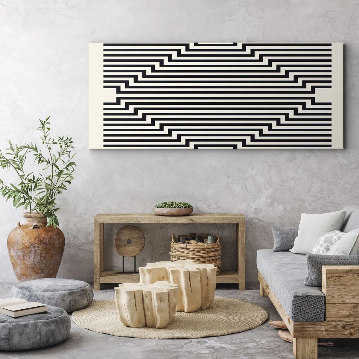 Bild auf Leinwand - Leinwandbild - Schwarze und weiße Linien erzeugen einen geometrischen Illusionseffekt - 140x50cm - Geometrische Illusion - Moderne Wanddekoration für Wohnzimmer und Schlafzimmer ARTTOR