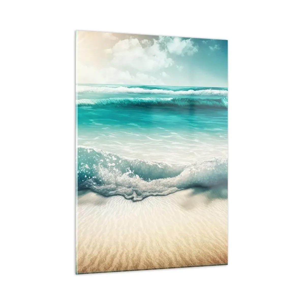Glasbild - Bild auf glas - Türkisfarbene Meereswellen plätschern gegen einen Sandstrand - 50x70cm - Frieden des Ozeans - Moderne Wanddekoration für Wohnzimmer und Schlafzimmer ARTTOR