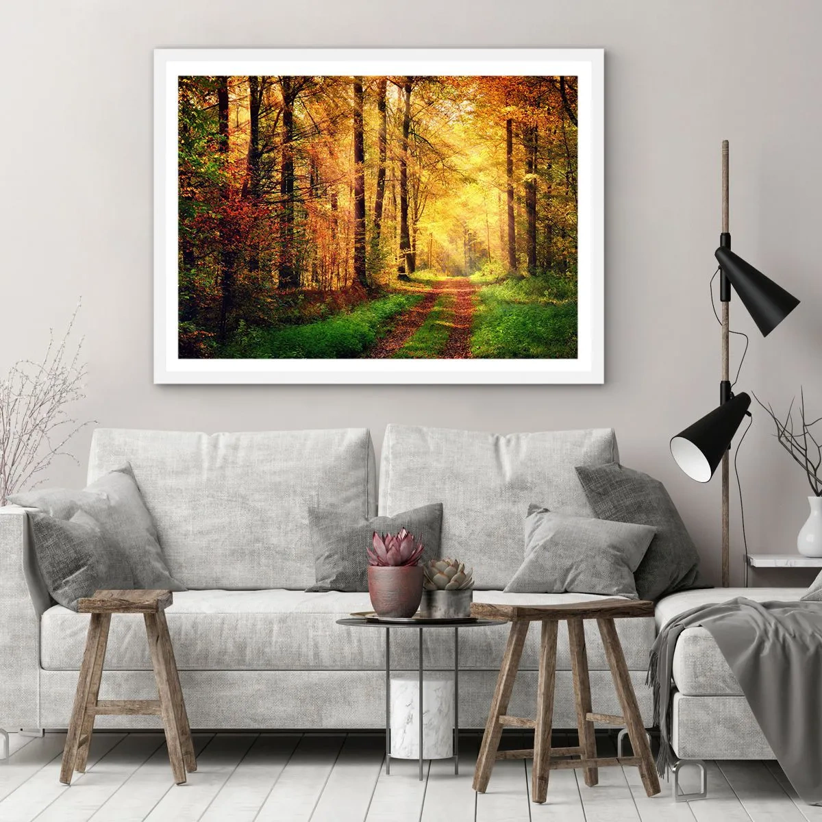 Poster in einem weißen Rahmen - Waldgoldene Stille - 91x61 cm