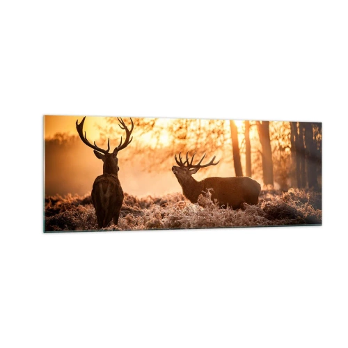 Glasbild - Bild auf glas - Zwei Hirsche bei Sonnenuntergang in einer Winterlandschaft - 140x50cm - Der Traum eines Jägers - Moderne Wanddekoration für Wohnzimmer und Schlafzimmer ARTTOR