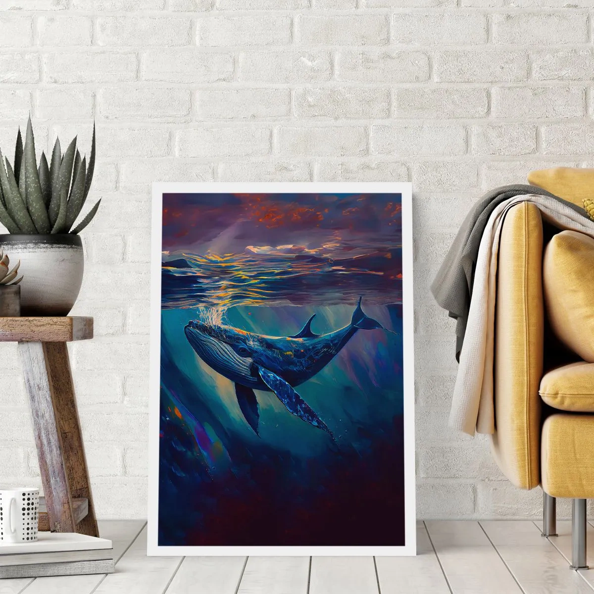 Poster - Ein stimmungsvolles Bild eines Wals im Unterwasserlicht - 50x70cm - Willkommen in meiner Welt - Moderne Wanddekoration für Wohnzimmer und Schlafzimmer ARTTOR