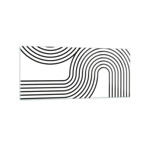 Glasbild - Bild auf glas - Ein abstraktes Gemälde mit schwarzen Linien, die geometrische Muster auf weißem Hintergrund erzeugen. - 120x50cm - An der Kurve - Moderne Wanddekoration für Wohnzimmer und Schlafzimmer ARTTOR