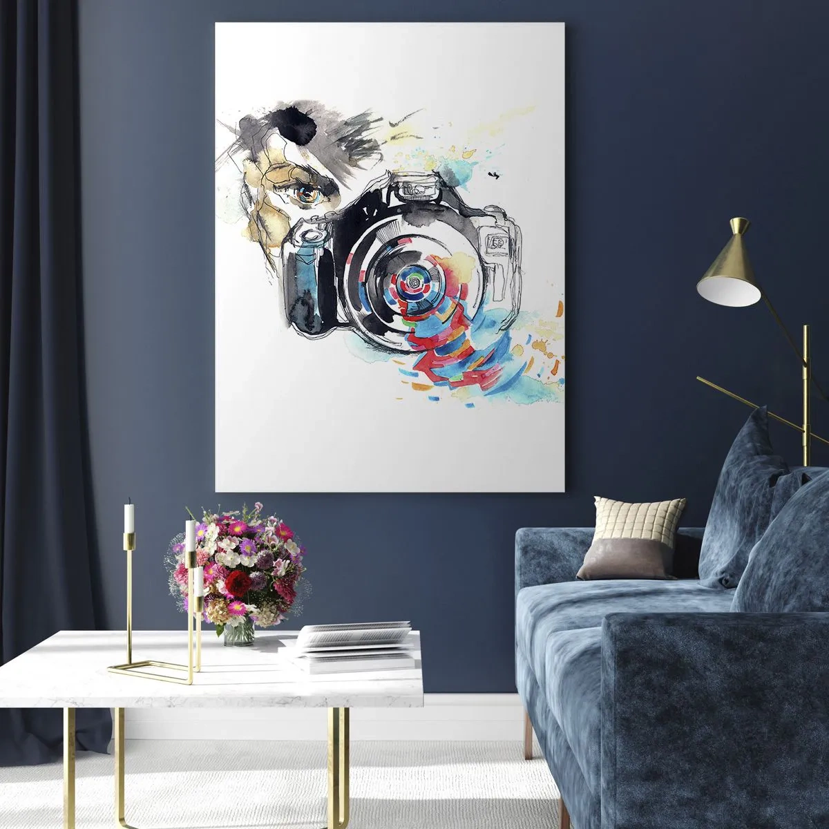 Glasbild - Bild auf glas - Aquarellkamera mit farbenfrohen Details - 70x100cm - Im Auge der Linse - Moderne Wanddekoration für Wohnzimmer und Schlafzimmer ARTTOR