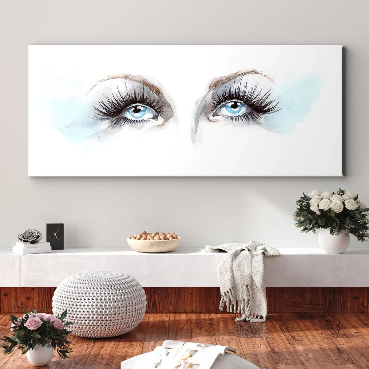 Bild auf Leinwand - Leinwandbild - Aquarell mit blauen Augen und zarten Akzenten - 140x50cm - Engelsaugen? - Moderne Wanddekoration für Wohnzimmer und Schlafzimmer ARTTOR