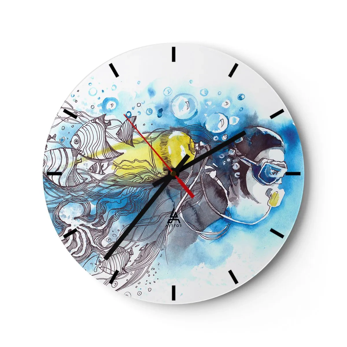 Wanduhr - Glasuhr - Ein Taucher mit bunten Fischen in der Unterwasserwelt - 30x30cm - Tolles Blau - Moderne Wanddekoration für Wohnzimmer, Küche und Schlafzimmer ARTTOR
