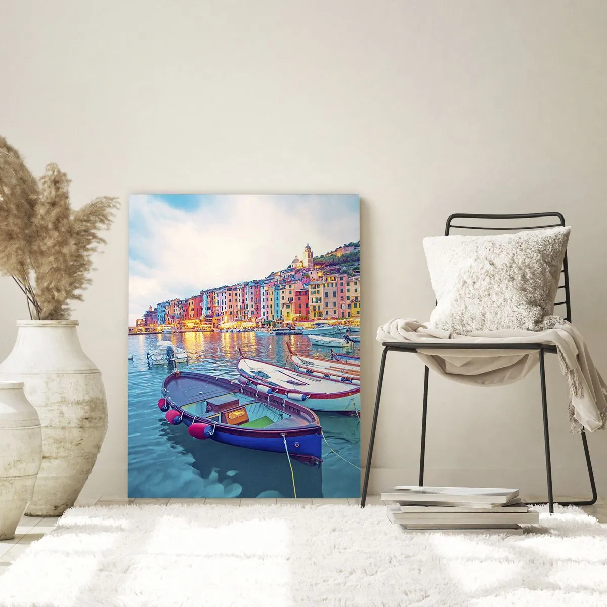 Glasbild - Bild auf glas - Abendlicher Blick auf Cinque Terre mit seinen farbenfrohen Gebäuden - 50x70cm - Bunter Abend im Hafen - Moderne Wanddekoration für Wohnzimmer und Schlafzimmer ARTTOR