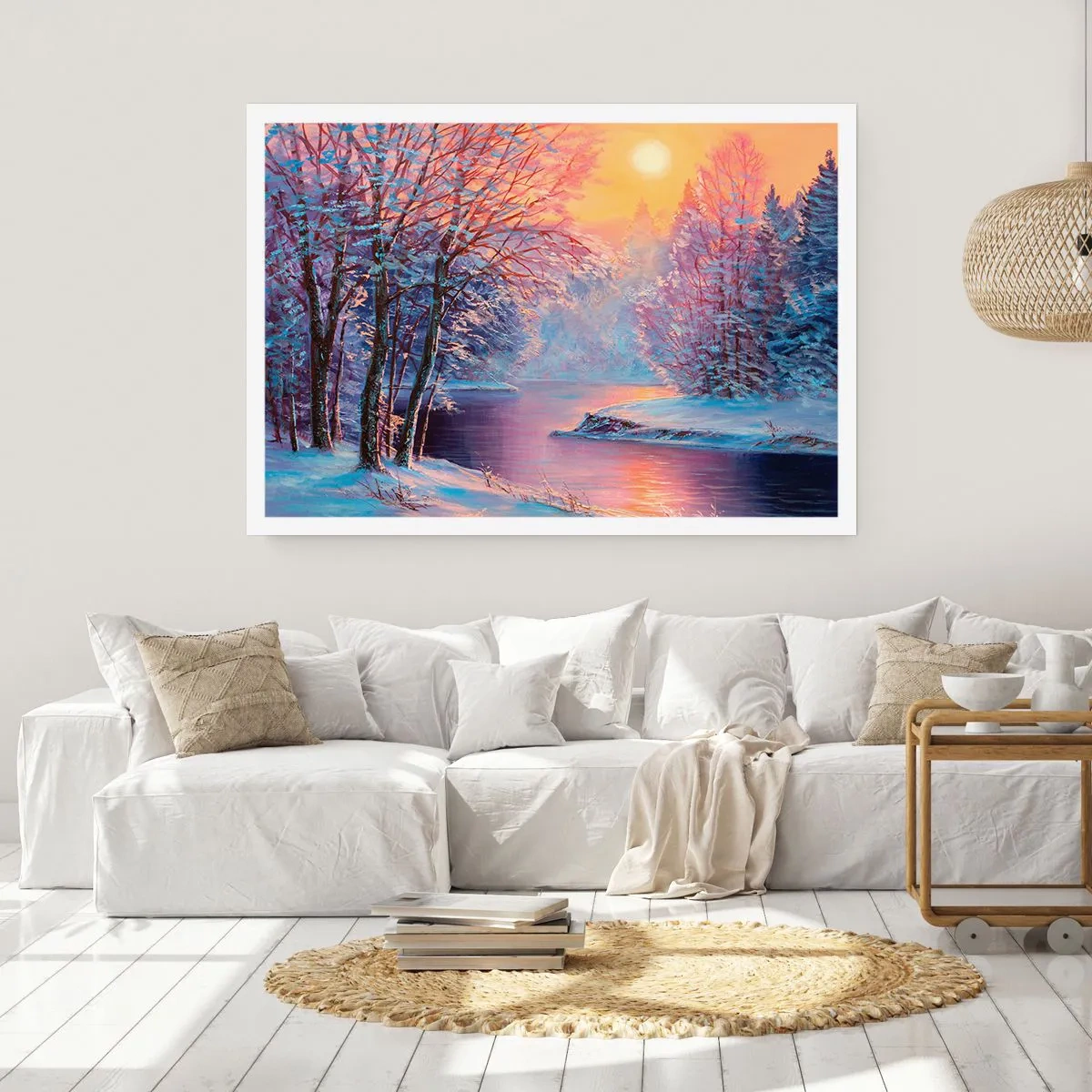 Poster - Winterlandschaft mit Fluss und Bäumen bei Sonnenaufgang - 100x70cm - Die Farben des Winters - Moderne Wanddekoration für Wohnzimmer und Schlafzimmer ARTTOR