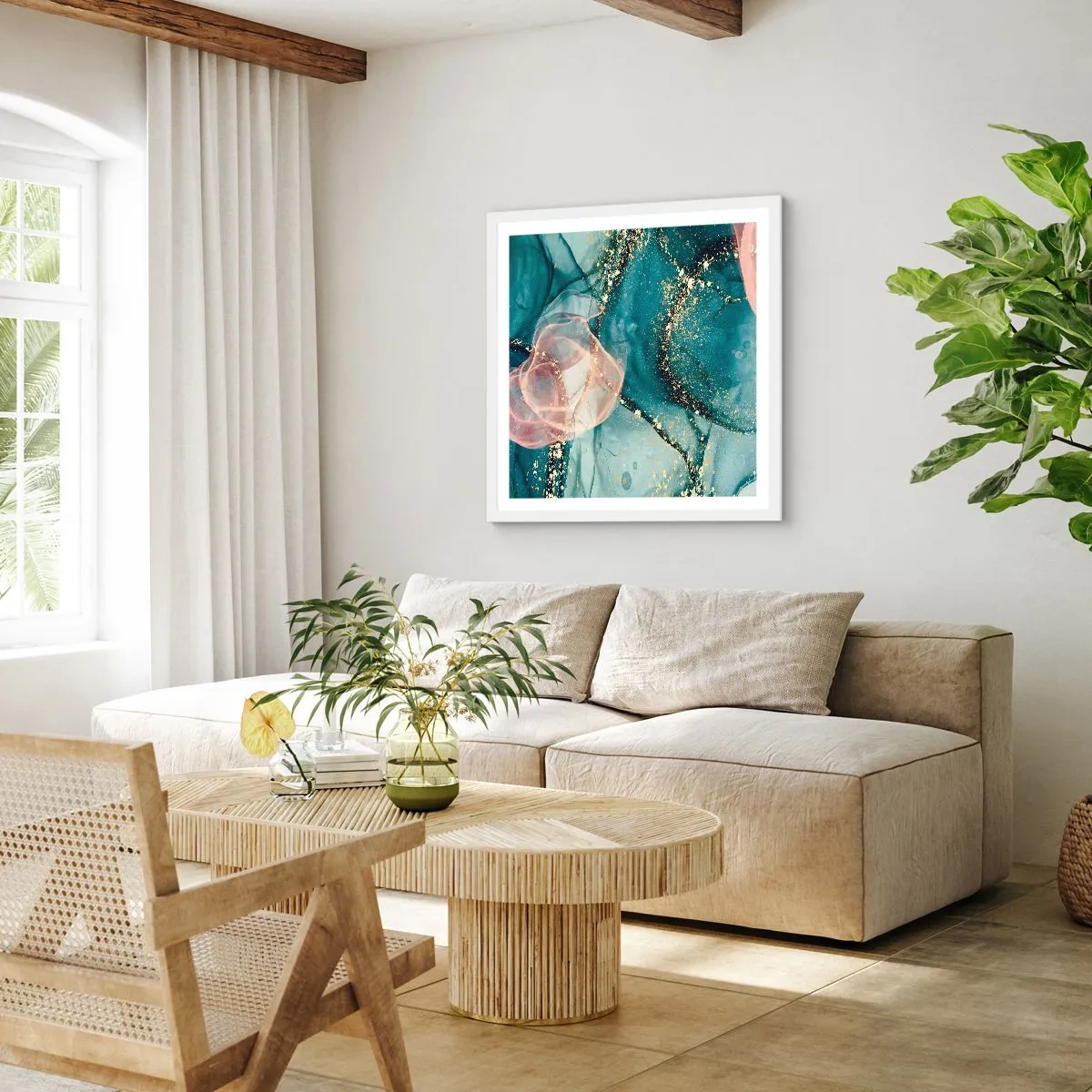 Poster in einem weißen Rahmen - Seidenblau, Tüllrosa - 50x50 cm