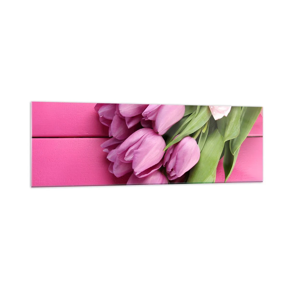 Glasbild - Bild auf glas - Ein Strauß rosa Tulpen mit Schleife auf rosa Hintergrund - 160x50cm - Nur für dich - Moderne Wanddekoration für Wohnzimmer und Schlafzimmer ARTTOR