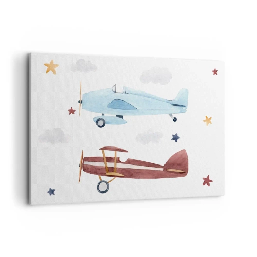 Bild auf Leinwand - Leinwandbild - Handbemalte Flugzeuge vor einem Hintergrund aus Wolken und Sternen - 100x70cm - Wir warten, Herr Pilot! - Moderne Wanddekoration für Wohnzimmer und Schlafzimmer ARTTOR