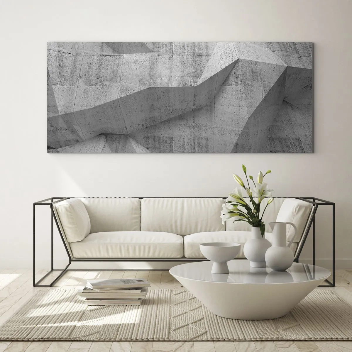 Glasbild - Bild auf glas - Geometrische Betonformen in Grau - 120x50cm - Eine echte Herausforderung - Moderne Wanddekoration für Wohnzimmer und Schlafzimmer ARTTOR
