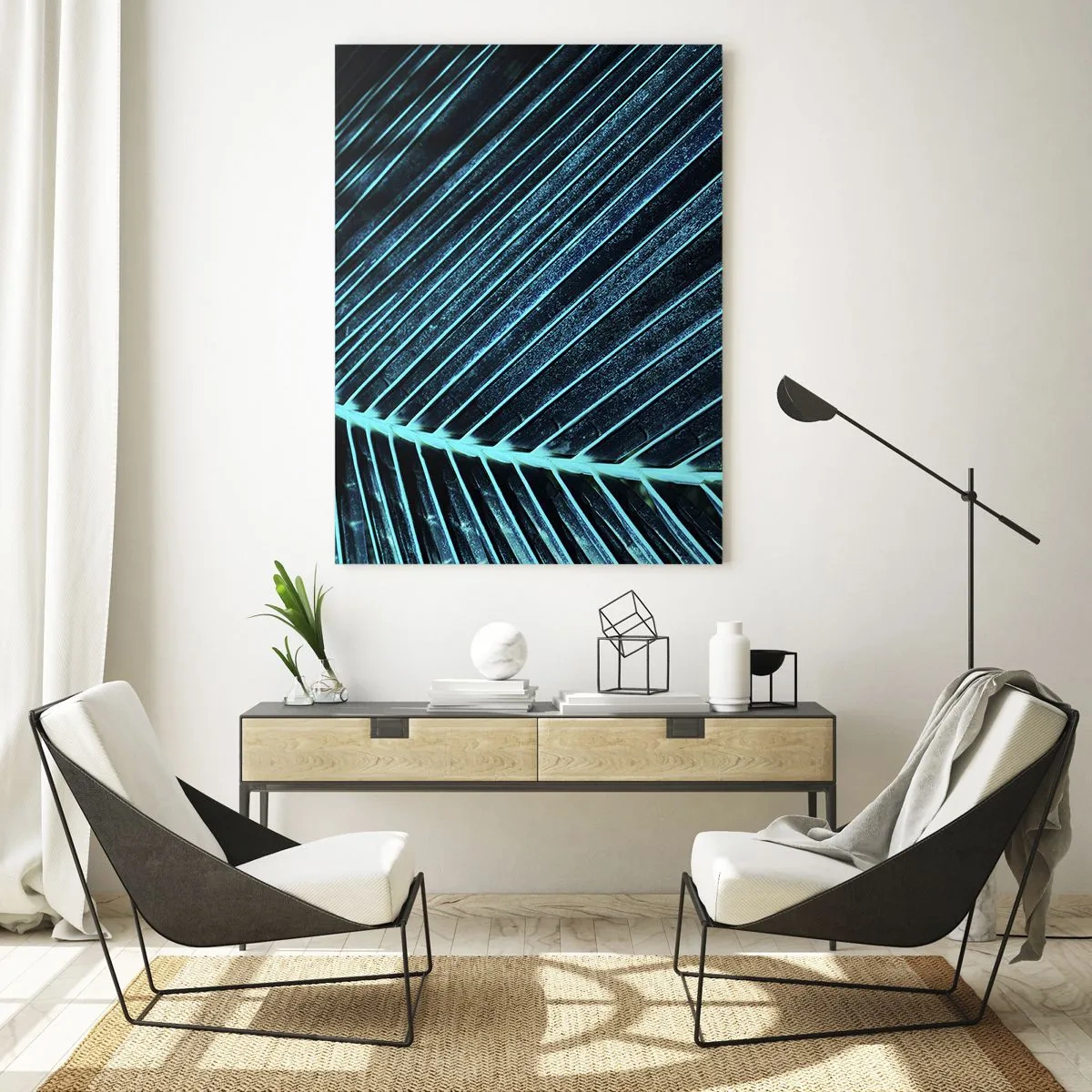 Glasbild - Bild auf glas - Makrofotografie eines Blattes in Türkis- und Marineblautönen - 80x120cm - Grüne Textur - Moderne Wanddekoration für Wohnzimmer und Schlafzimmer ARTTOR