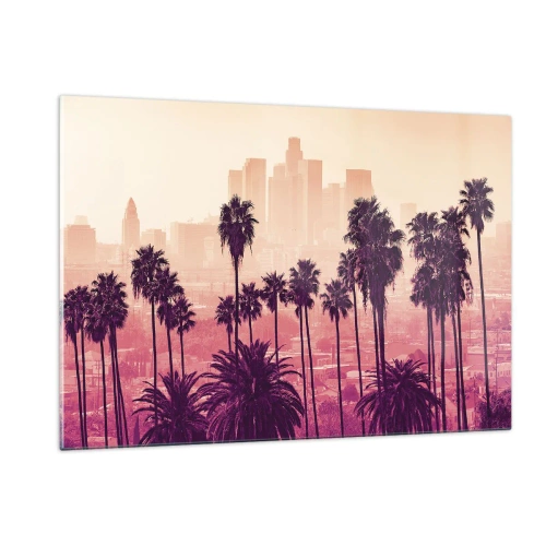 Glasbild - Bild auf glas - Palmen vor der Kulisse der Skyline der Stadt in warmen Sonnenuntergangstönen - 120x80cm - Kalifornische Landschaft - Moderne Wanddekoration für Wohnzimmer und Schlafzimmer ARTTOR