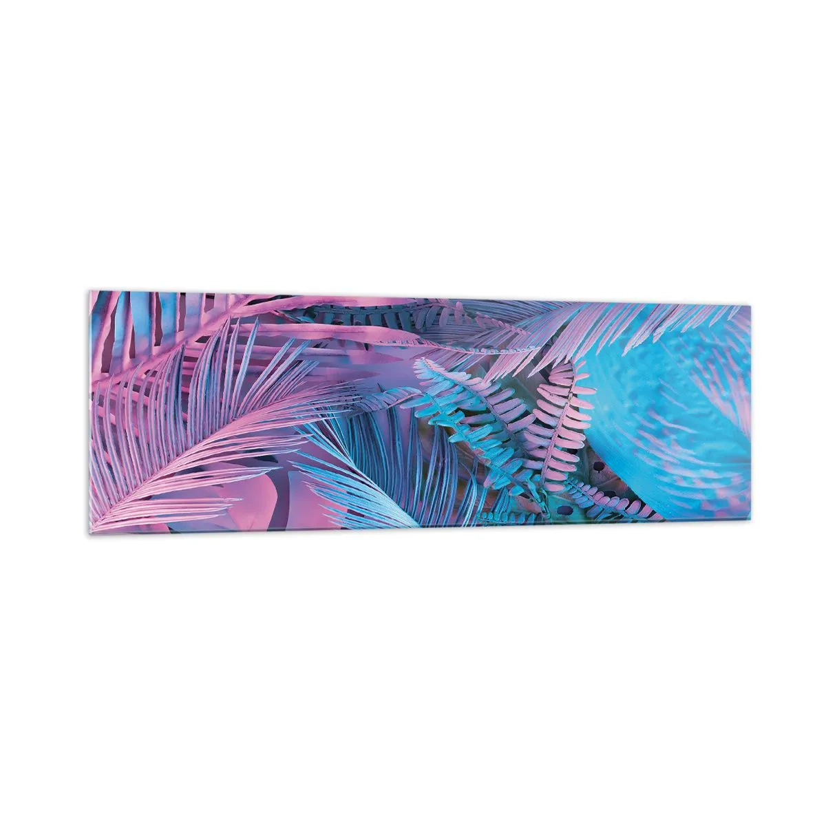 Glasbild - Bild auf glas - Tropische Blätter in Rosa- und Blautönen - 160x50cm - Tropen in Rosa und Blau - Moderne Wanddekoration für Wohnzimmer und Schlafzimmer ARTTOR