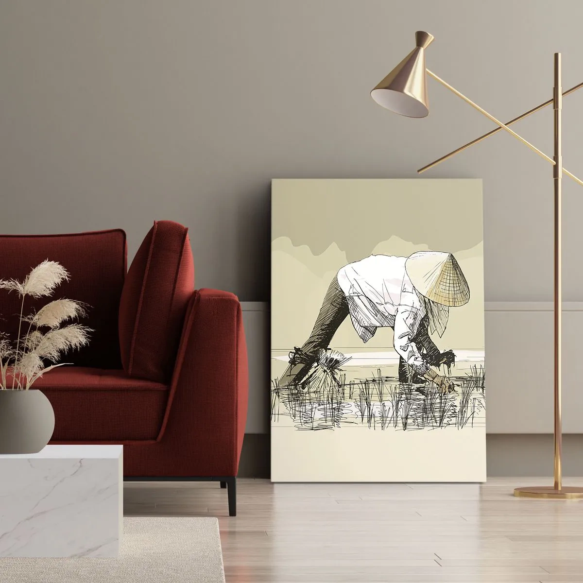 Bild auf Leinwand - Leinwandbild - Bauern bei der Arbeit auf einem Reisfeld mit traditioneller Kopfbedeckung - 80x120cm - Erfolgreiche Ernte - Moderne Wanddekoration für Wohnzimmer und Schlafzimmer ARTTOR