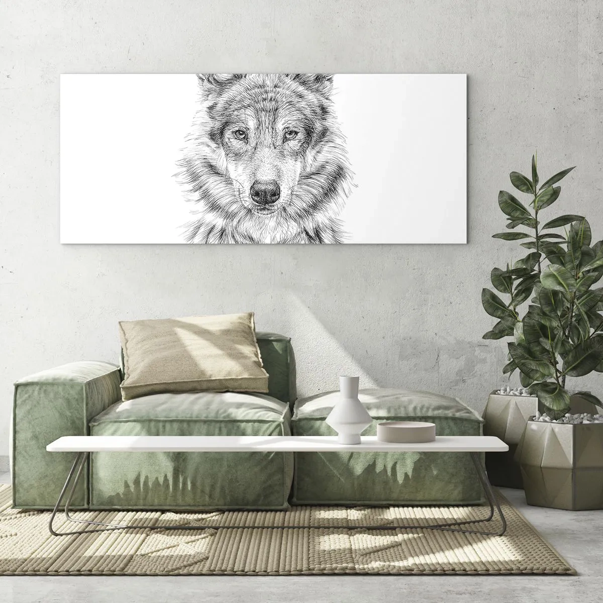 Glasbild - Bild auf glas - Skizze eines Wolfskopfes im monochromen Stil auf weißem Hintergrund - 120x50cm - Ein geborener Anführer - Moderne Wanddekoration für Wohnzimmer und Schlafzimmer ARTTOR