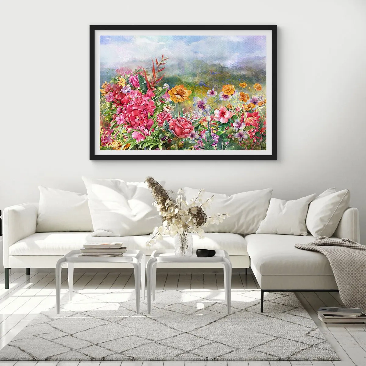 Poster in einem schwarzem Rahmen - Eine farbenfrohe Blumenkomposition vor einem pastellfarbenen Landschaftshintergrund - 70x50cm - Ein Garten, der verrückt geworden ist - Moderne Wanddekoration für Wohnzimmer und Schlafzimmer ARTTOR