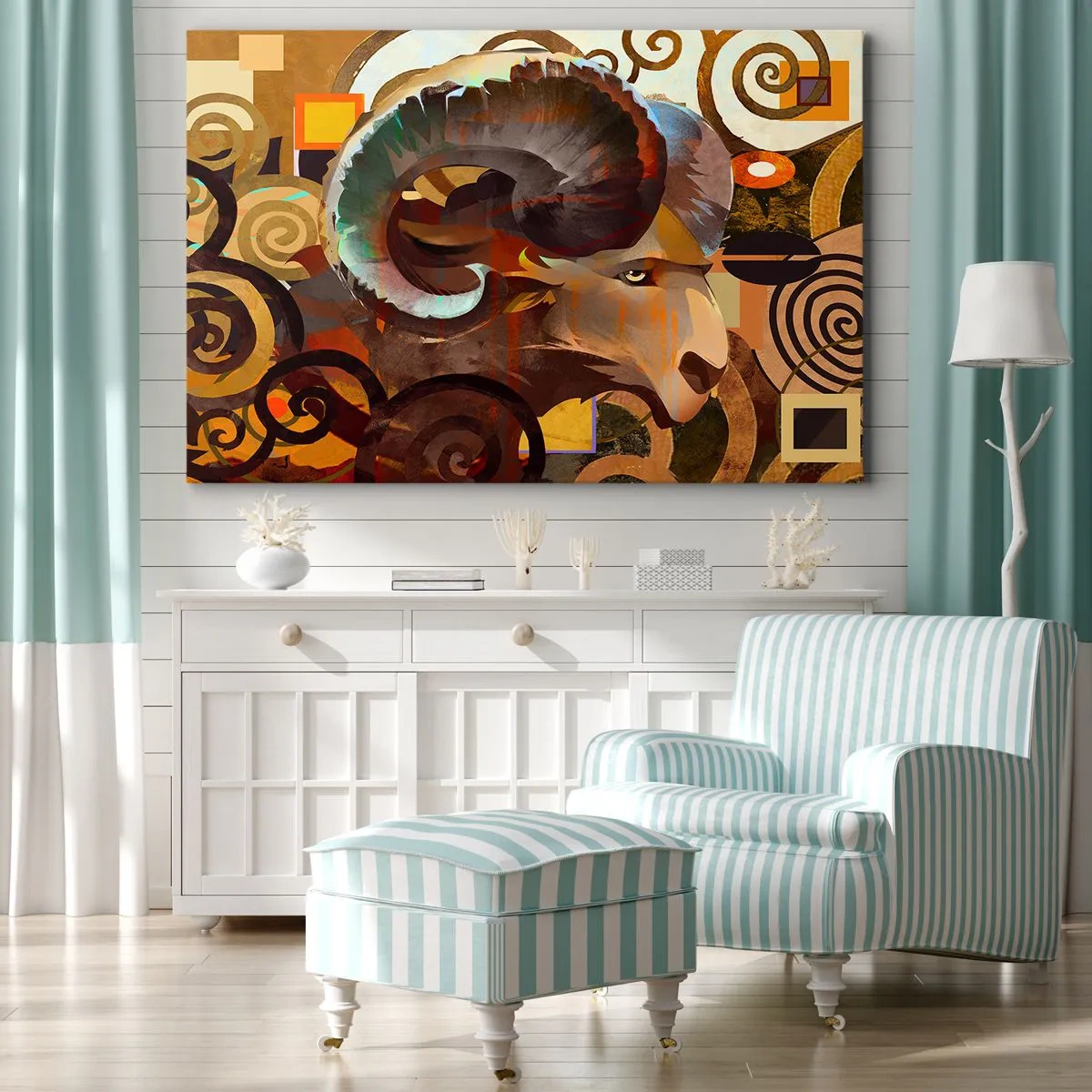 Bild auf Leinwand - Leinwandbild - Ein symbolischer Widder in einer abstrakten Komposition - 120x80cm - Magie - Religionen - Rituale - Moderne Wanddekoration für Wohnzimmer und Schlafzimmer ARTTOR