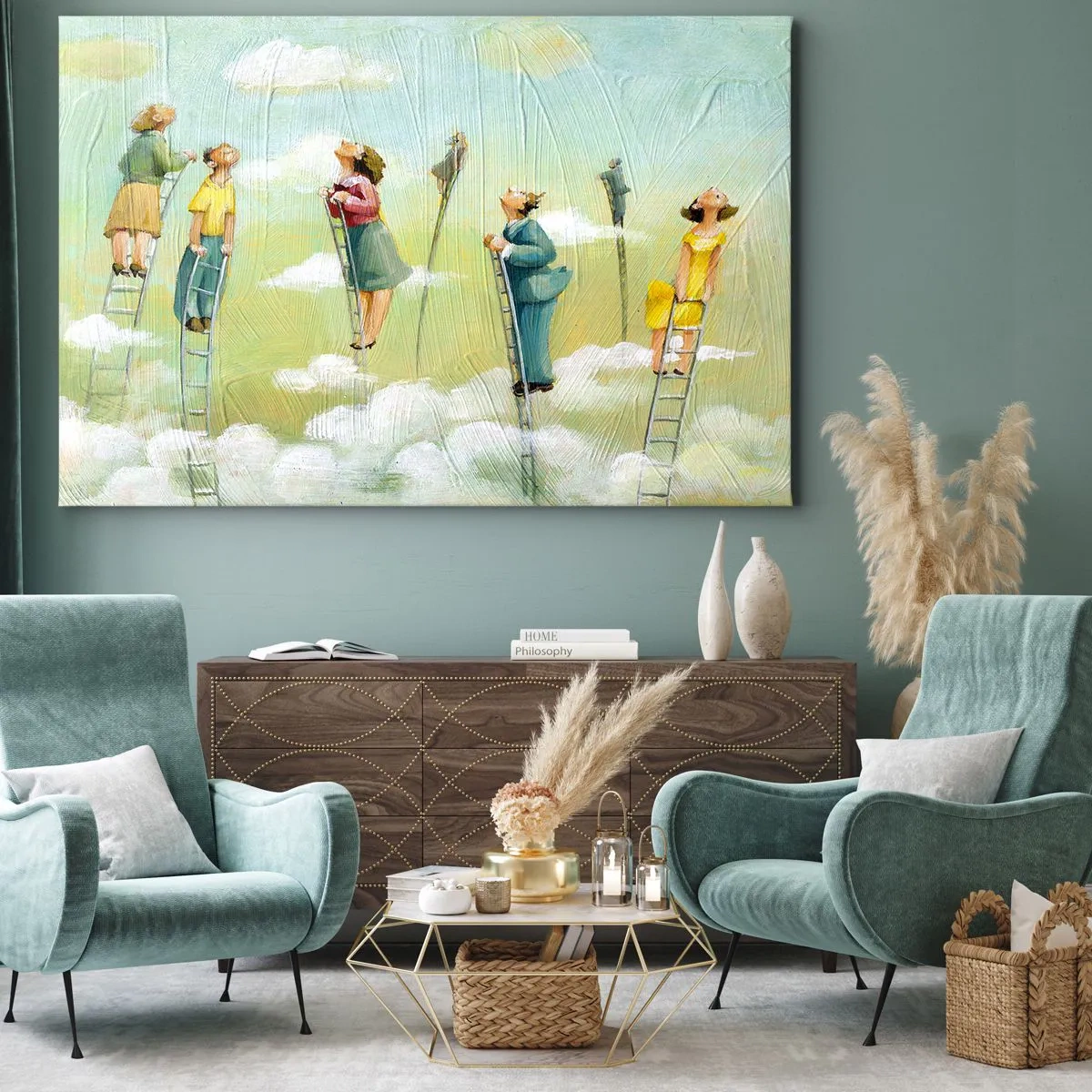 Bild auf Leinwand - Leinwandbild - Figuren, die auf pastellfarbenem Hintergrund zwischen Wolken Leitern hochklettern. - 70x50cm - Hinter deinem Traum - Moderne Wanddekoration für Wohnzimmer und Schlafzimmer ARTTOR