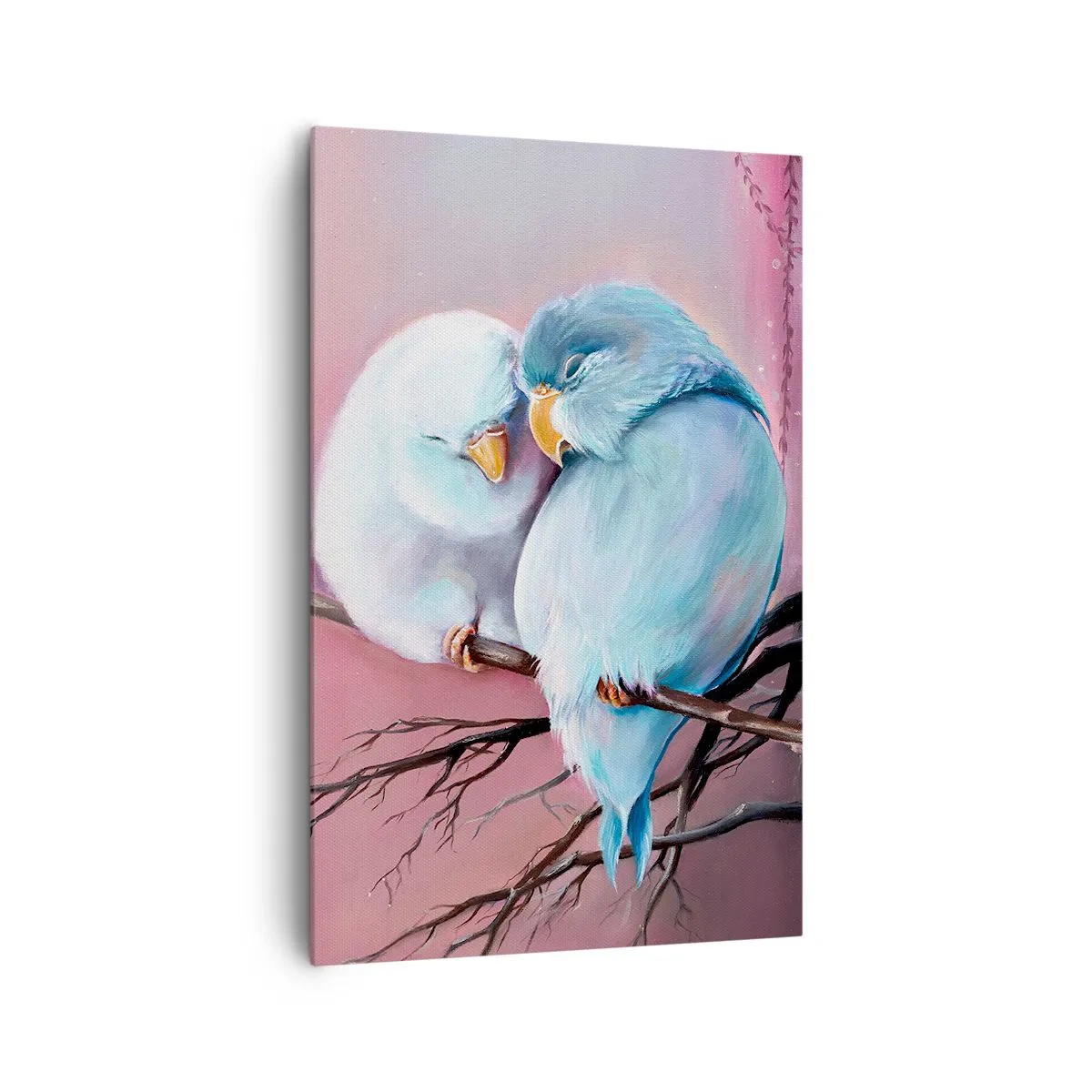 Bild auf Leinwand - Leinwandbild - Zwei verliebte Vögel auf einem Ast auf rosa Hintergrund - 80x120cm - Was kann ich hier hinzufügen? ... - Moderne Wanddekoration für Wohnzimmer und Schlafzimmer ARTTOR