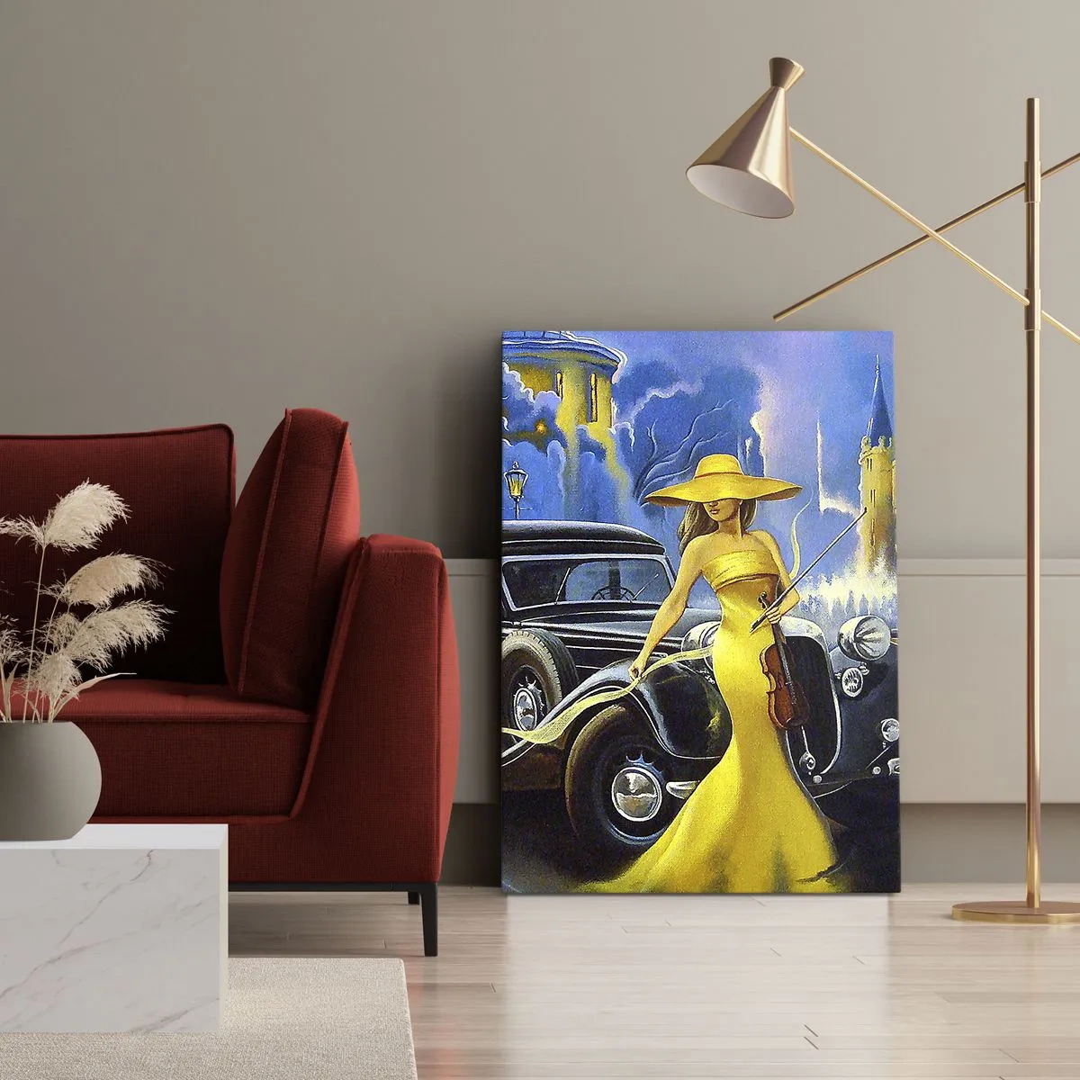 Bild auf Leinwand - Leinwandbild - Eine Frau in einem gelben Kleid mit einer Geige neben einem Retro-Auto. - 70x100cm - Nocturne für Violine und Liebe - Moderne Wanddekoration für Wohnzimmer und Schlafzimmer ARTTOR