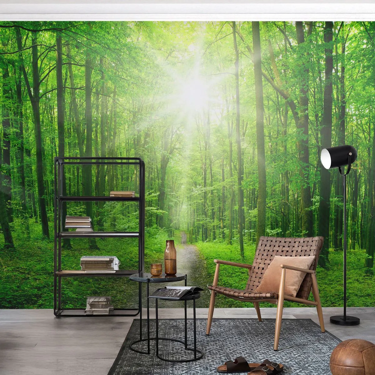 Fototapete Premium Sand - Grüner Wald mit Sonnenstrahlen und einem Pfad durch die Bäume - 100x70cm - Die grüne Kathedrale - Moderne Wanddekoration für Wohnzimmer und Schlafzimmer ARTTOR