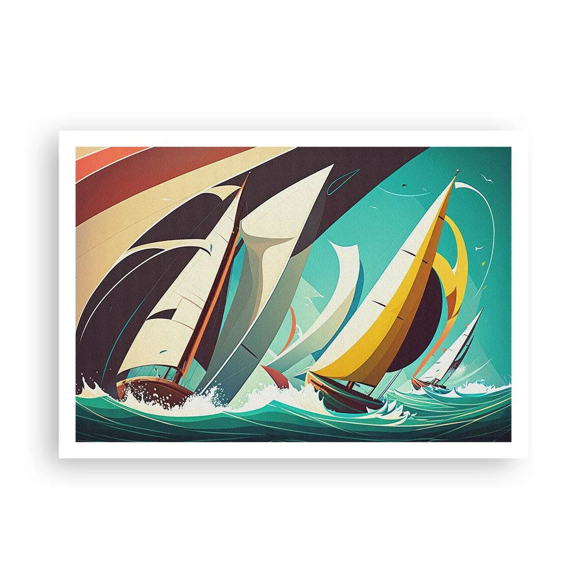 Poster - Eine dynamische Illustration von Segelbooten in stürmischer See. - 100x70cm - Viel Glück mit den Elementen - Moderne Wanddekoration für Wohnzimmer und Schlafzimmer ARTTOR