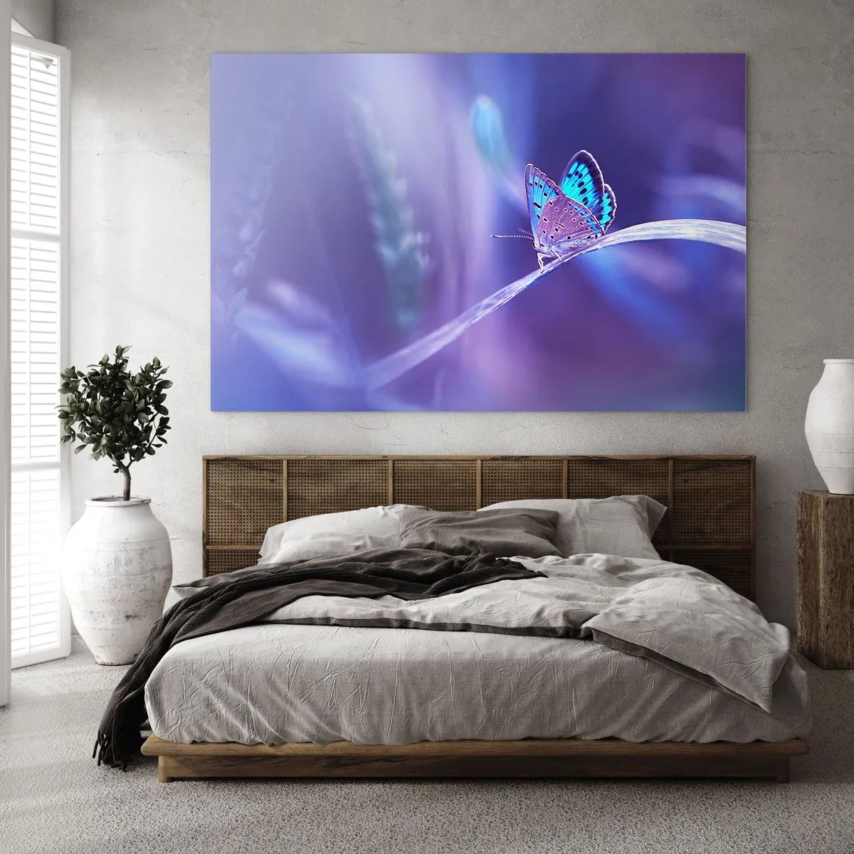 Glasbild - Bild auf glas - Schmetterling vor violettem Lichthintergrund - 100x70cm - Ein Juwel der Natur - Moderne Wanddekoration für Wohnzimmer und Schlafzimmer ARTTOR