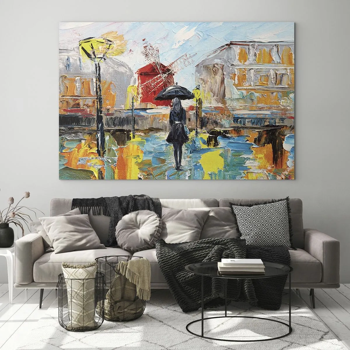 Glasbild - Bild auf glas - Eine Frau mit Regenschirm vor einer Stadtkulisse im Stil des Impressionismus - 70x50cm - Pariser Legenden - Moderne Wanddekoration für Wohnzimmer und Schlafzimmer ARTTOR